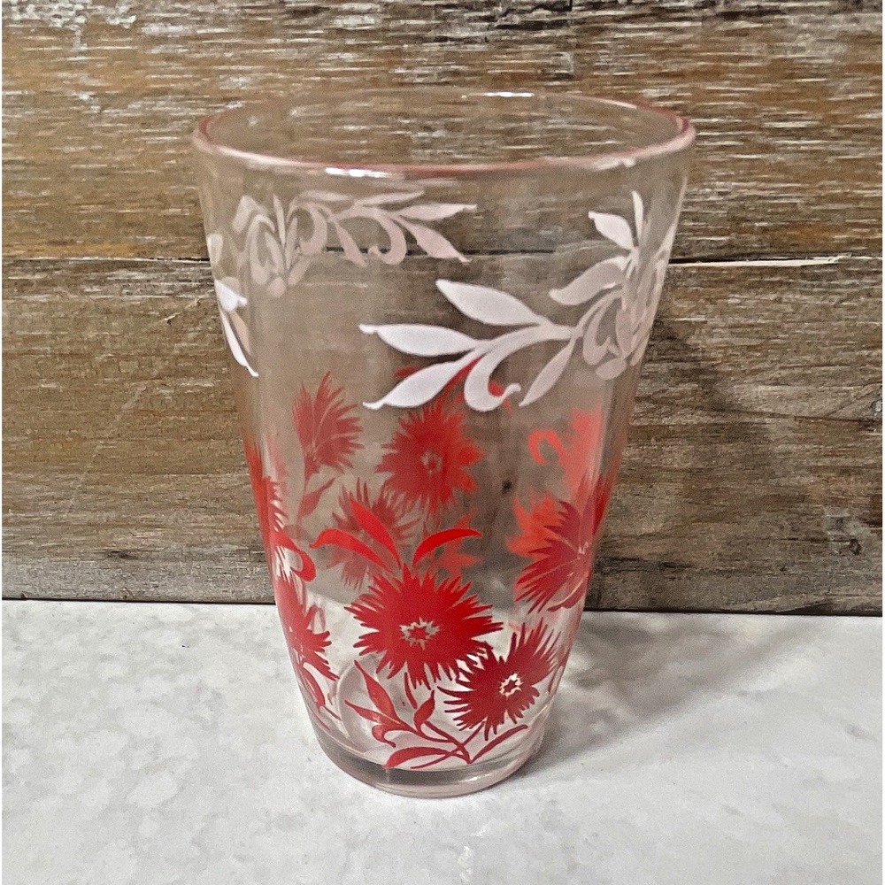 Vintage/Retro Clear Glass Floral Tumbler, Red & White Decor, 12 oz Tapered